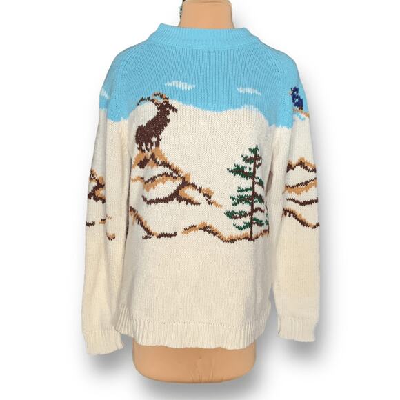 Vintage Other - Vintage Mountain Scene Cream Blue Mock Neck Knit Sweater Medium Unisex Pullover